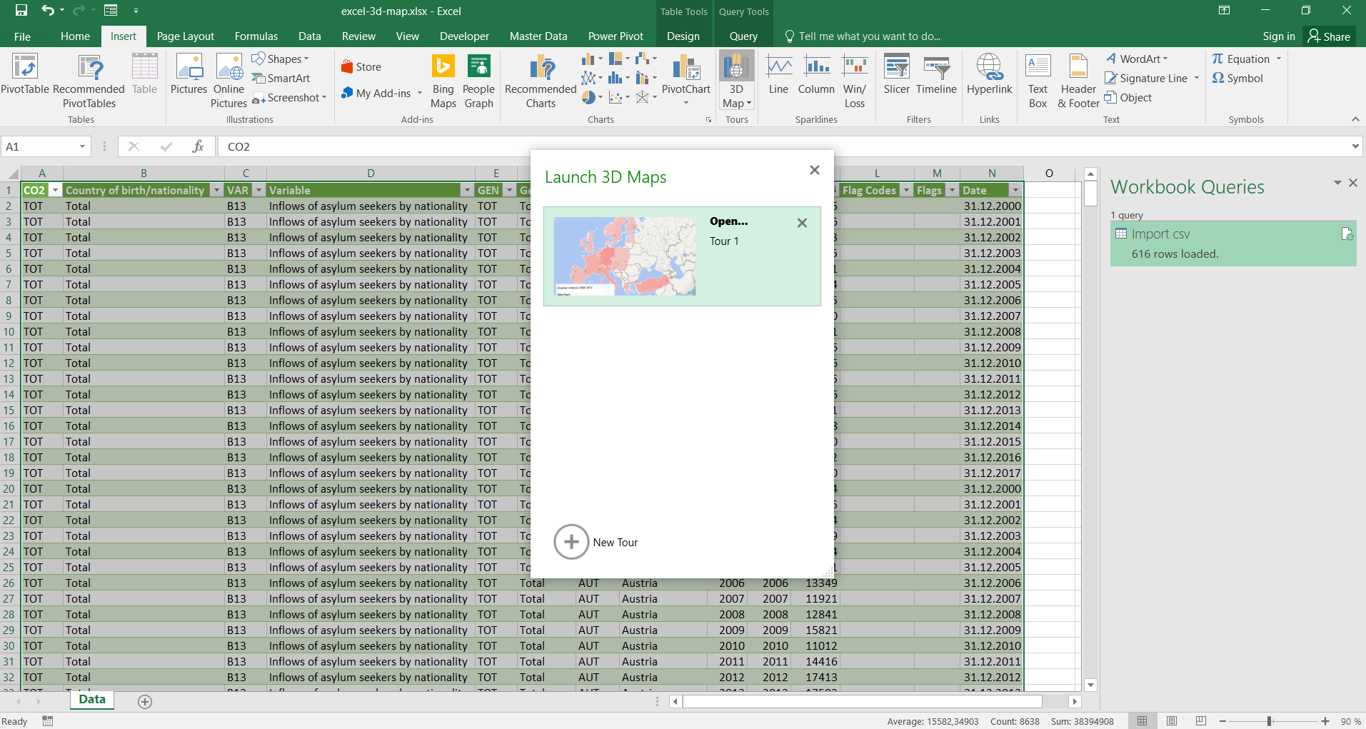 Launching Excel 3D Map. You can either create a new tour or open an existing one.