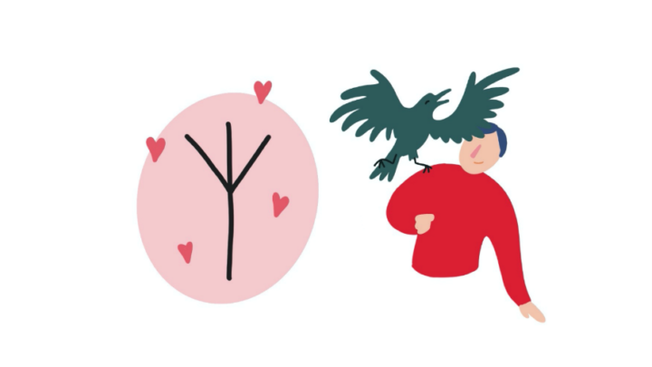 Pink circle with a crows foot inside it and hearts around. Next to it a happy person with an exited bird on his shoulder.